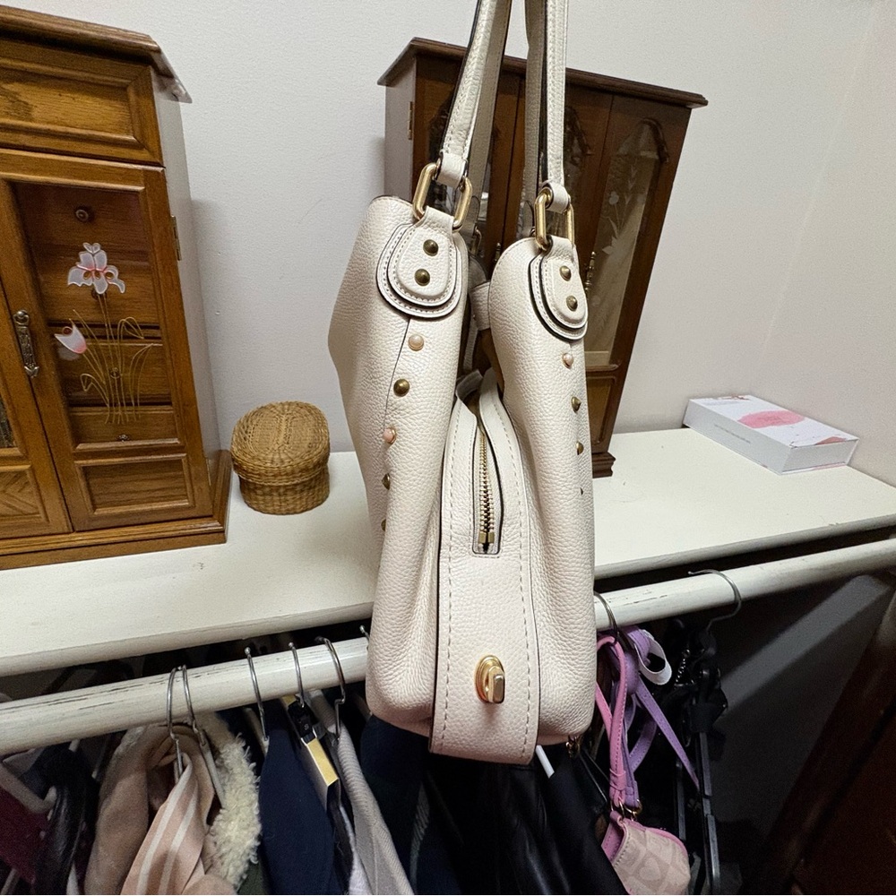 Coach Cream Pebbled Leather Shoulder Tote with Stud Accents - Picture 6 of 8